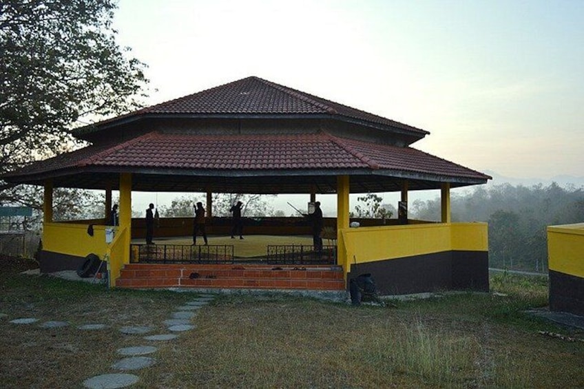 A pavilion with a tiled roof, a yellow and black color scheme, and a stone pathway leading to it. 3