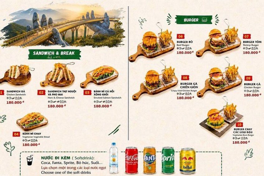 En menu med sandwiches og burgere, samt et udvalg af sodavand. 2
