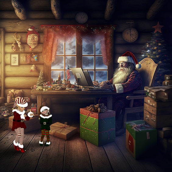 A cozy cabin interior with a man in a Santa hat using a laptop, surrounded by Christmas decorations and presents. 1