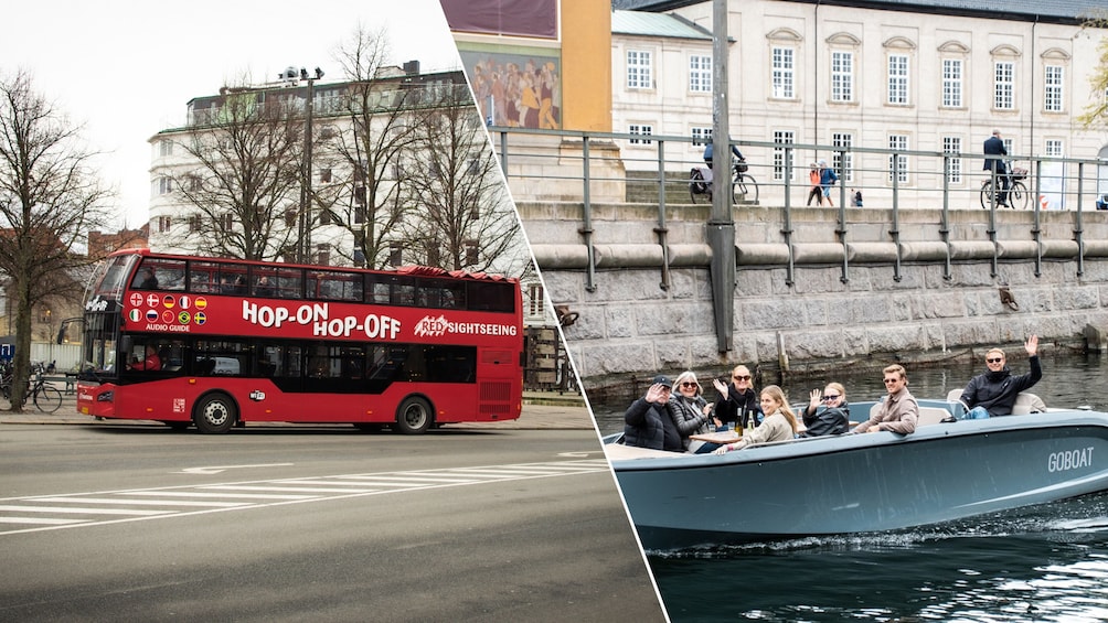 Un autobús rojo de dos pisos con la inscripción 'Hop-On Hop-Off Sightseeing', un muro de piedra con gente en un puente, y un barco con pasajeros. 1