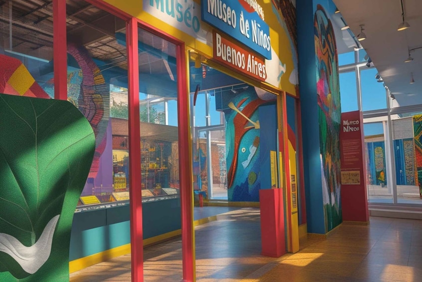 The Museo de Niños building with colorful murals and glass display cases. 3