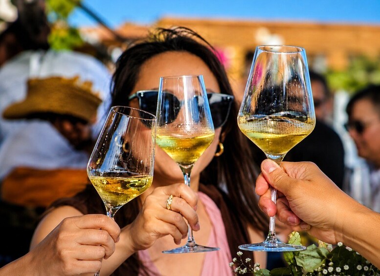 Three people toasting with wine glasses. 5
