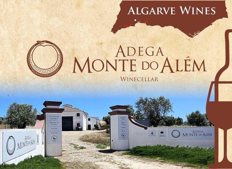 A vineyard entrance with a building, a signboard, and a wine glass silhouette. 1