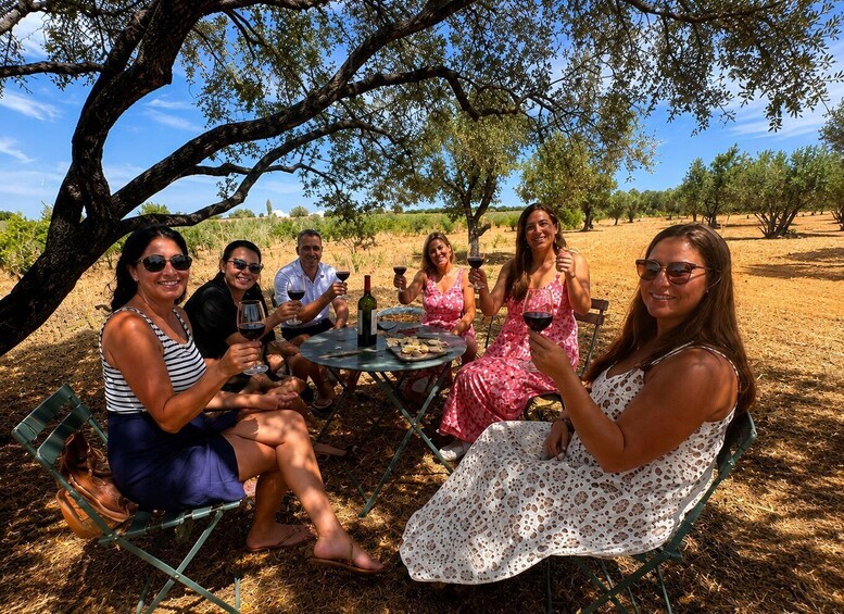 A group of people sitting at a round table outdoors, enjoying wine and food in a vineyard setting. 4