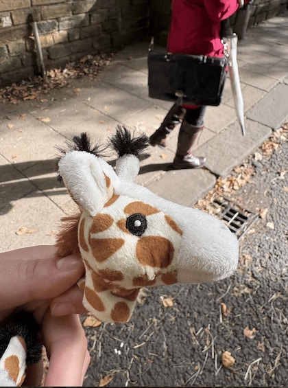 A person holding a giraffe plush toy. 2