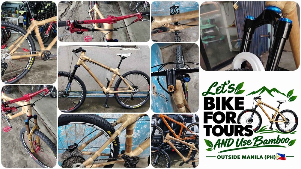 A bamboo bicycle with various components and a logo promoting bamboo use. 4