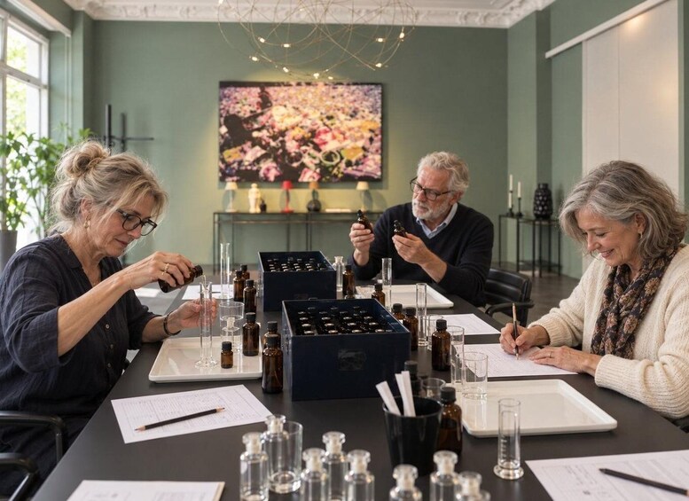 Three people at a table with various bottles and papers, likely discussing or analyzing the contents. 3