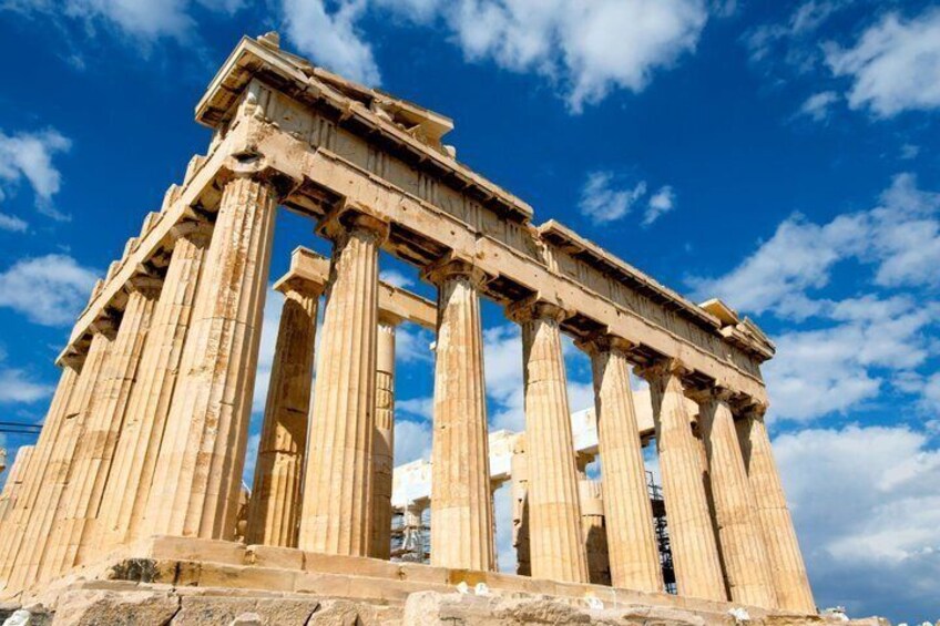 The Parthenon, an ancient Greek temple with Doric columns and a rectangular structure. 2