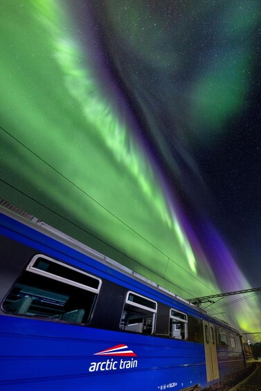 A train with 'arctic train' branding, under a night sky with green and purple aurora borealis. 2