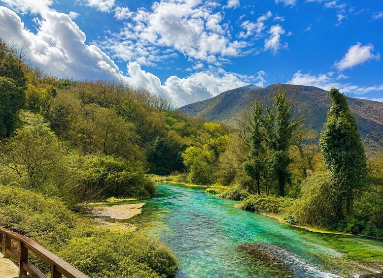 A clear river flowing through a forested valley with mountains in the background. 3