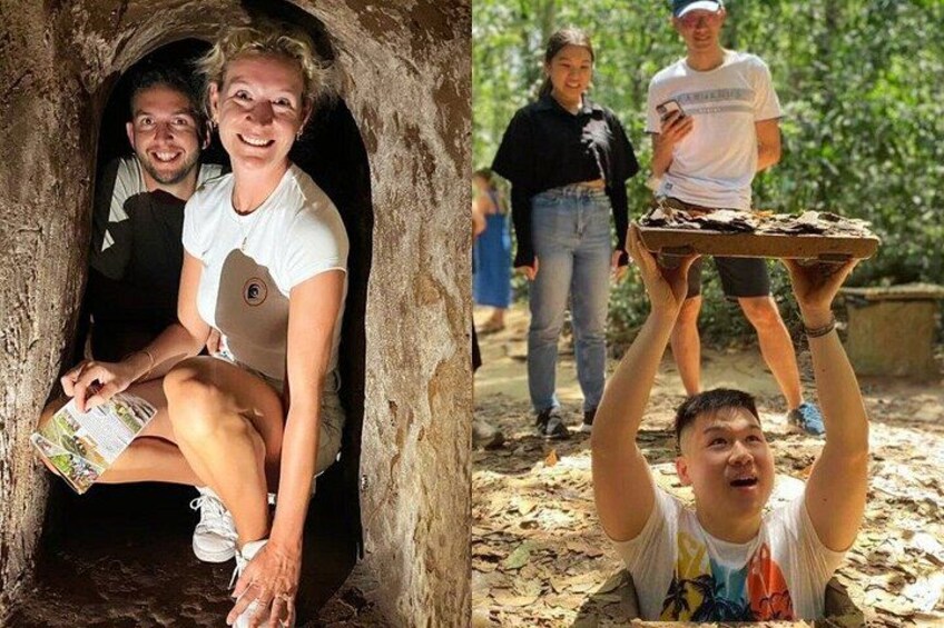 A cave entrance, a person holding a tray, and another person sitting inside the cave. 4