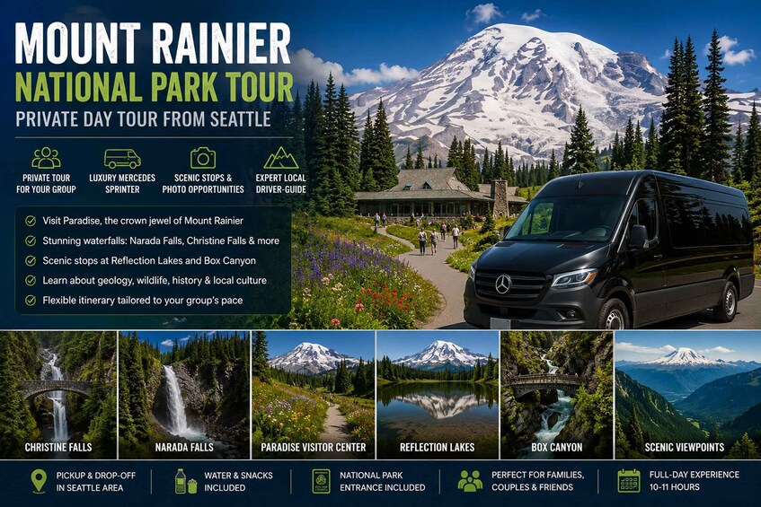 A luxury Mercedes van parked in front of Mount Rainier National Park, with scenic views of waterfalls, lakes, and the mountain. 1