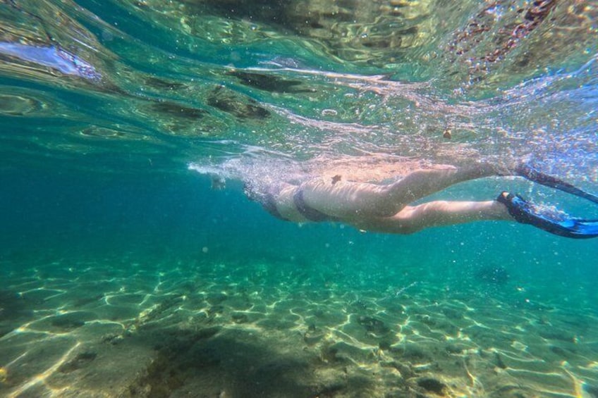 A person swimming underwater with fins. 1