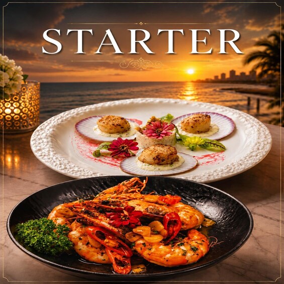 A seafood dish with shrimp and scallops on a plate, set against a sunset backdrop. 2