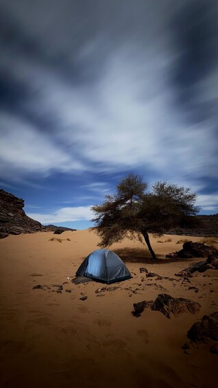 A desert landscape with a tent and a solitary tree. 4