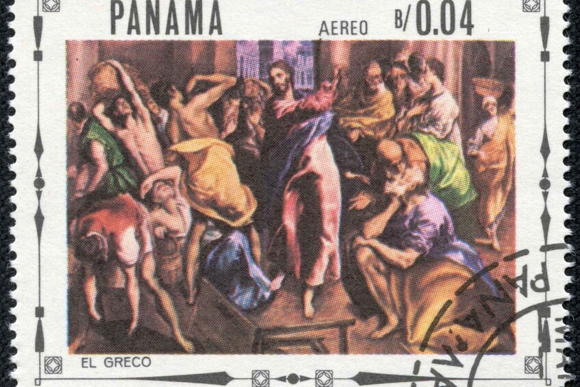 Et frimærke med et klassisk maleri af en gruppe mennesker i et socialt selskab, mærket 'PANAMA' og 'EL GRECO'. 3