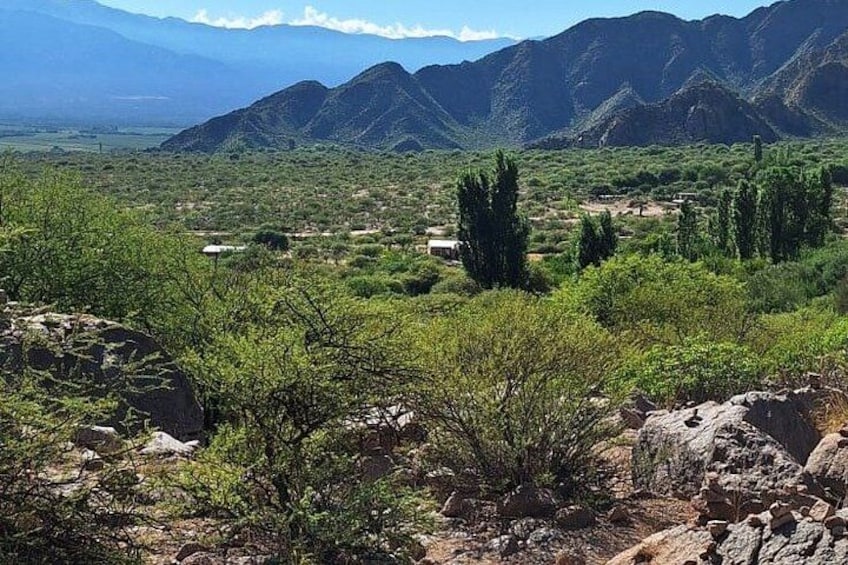 A mountainous landscape with green vegetation and rocky terrain. 2