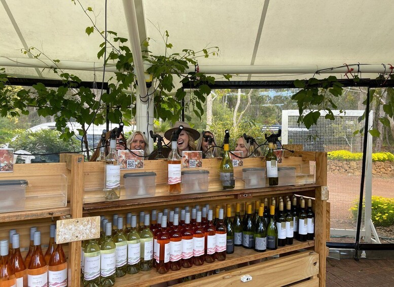 A wine tasting event with bottles and labels on wooden shelves under a canopy. 3