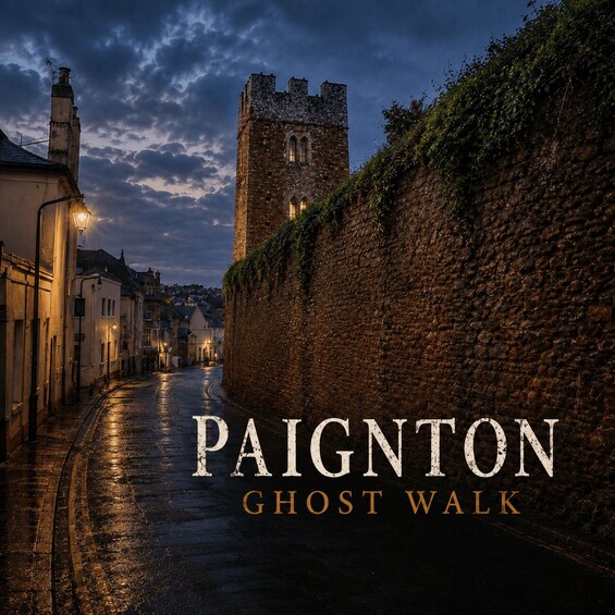 A historic street in Paignton with a stone wall and a tower. 1