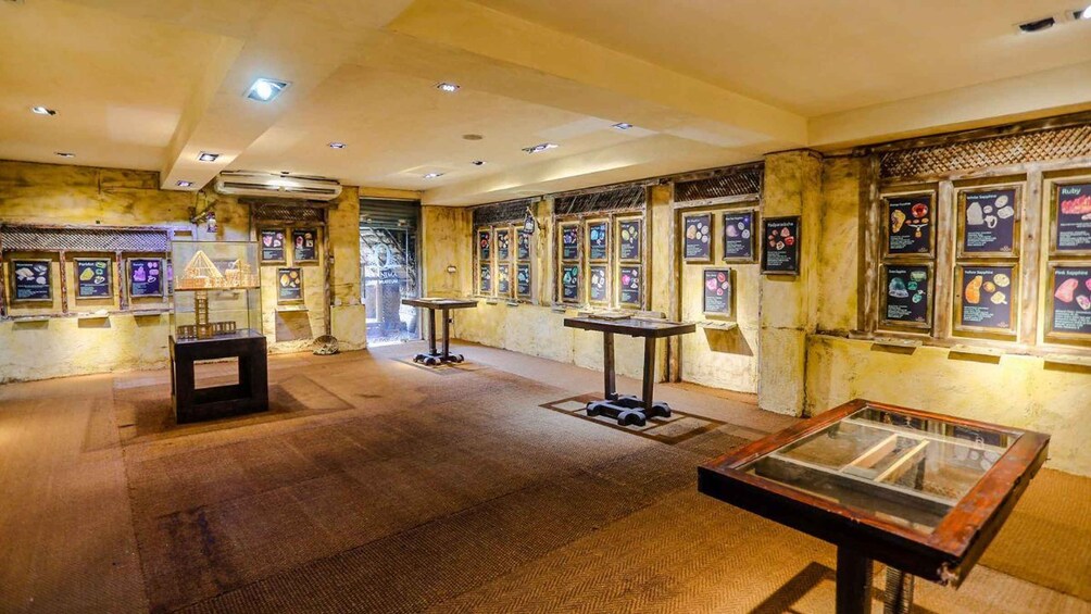 An indoor museum with stone walls, glass display cases, and informational plaques. 1