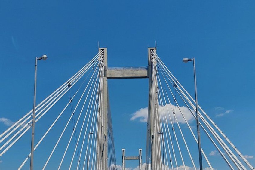 A cable-stayed bridge with multiple cables, two towers, and street lamps. 3