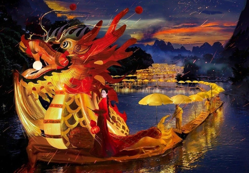 A dragon boat with a dragon head, a person in traditional attire, and a river with reflections of lights. 1