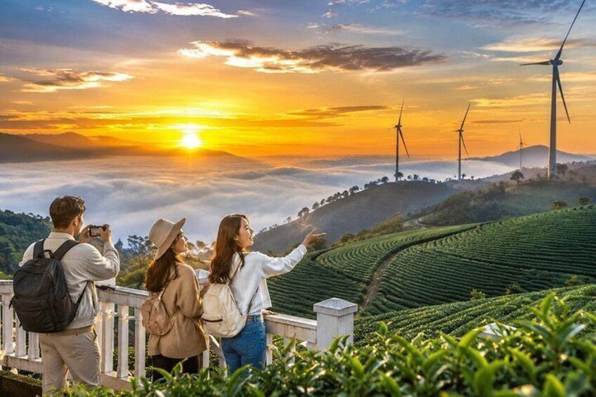 A sunset over a tea plantation with wind turbines in the background. 2