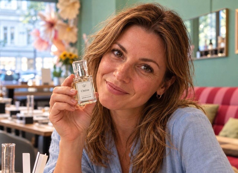 A person holding a perfume bottle. 1