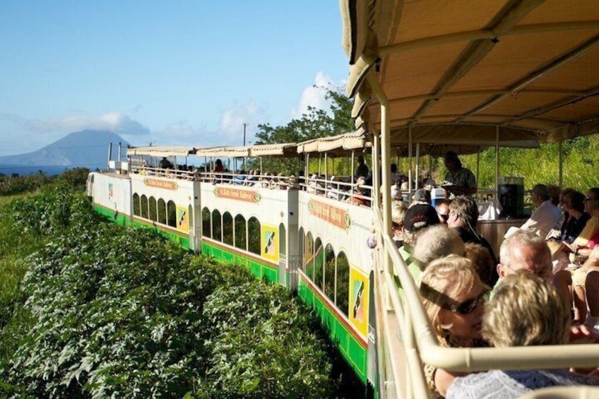 A riverboat tour with passengers, surrounded by lush greenery and a mountain in the background. 1