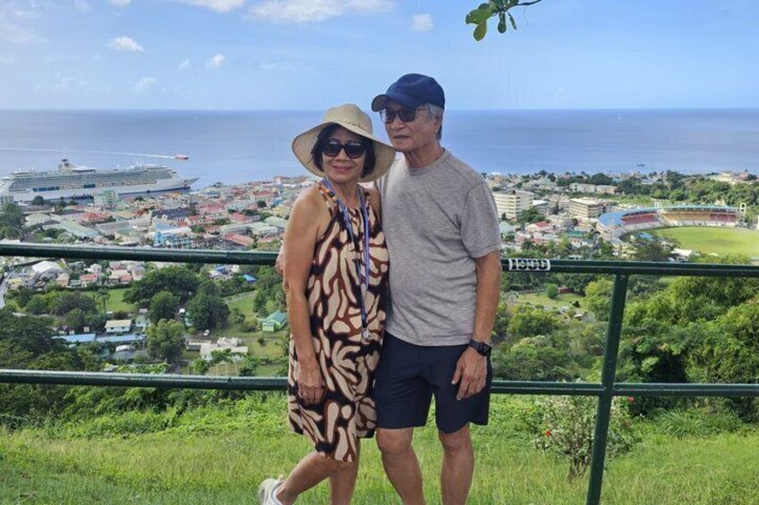 Two people standing on a grassy hill overlooking a coastal town with a stadium and a cruise ship in the distance. 5
