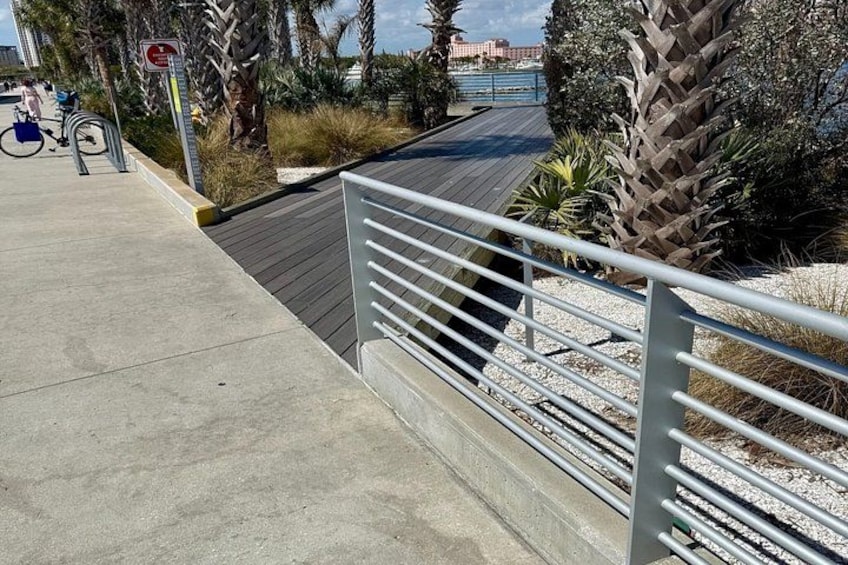 A boardwalk with metal railings, palm trees, and a clear sky. 2