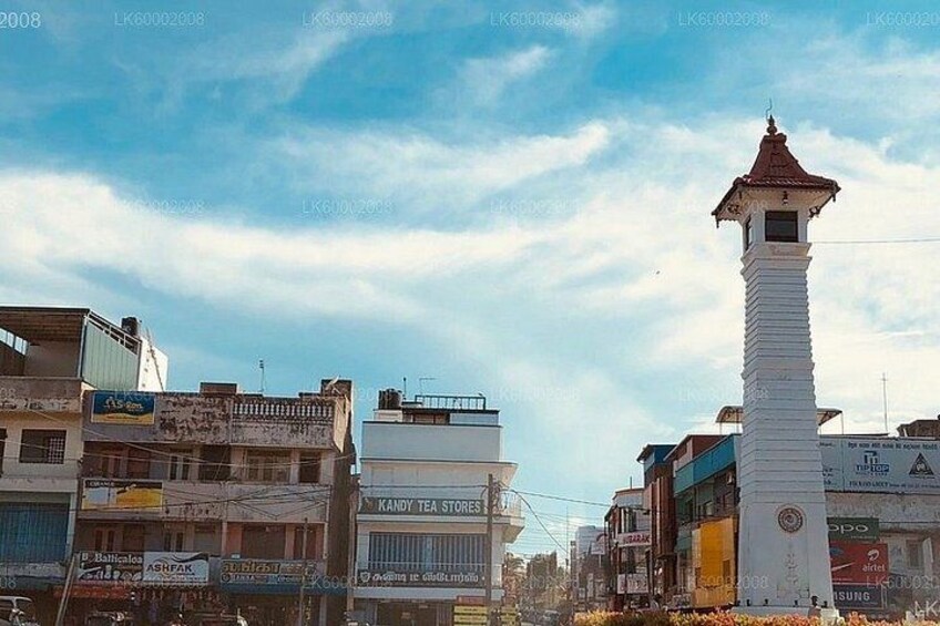 A white tower with a red roof, surrounded by buildings with various signs and advertisements. 5