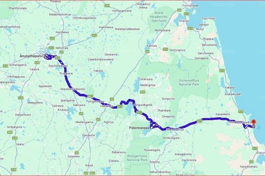 A map with a route marked in blue, starting from Anuradhapura and ending at Polonnaruwa. 4
