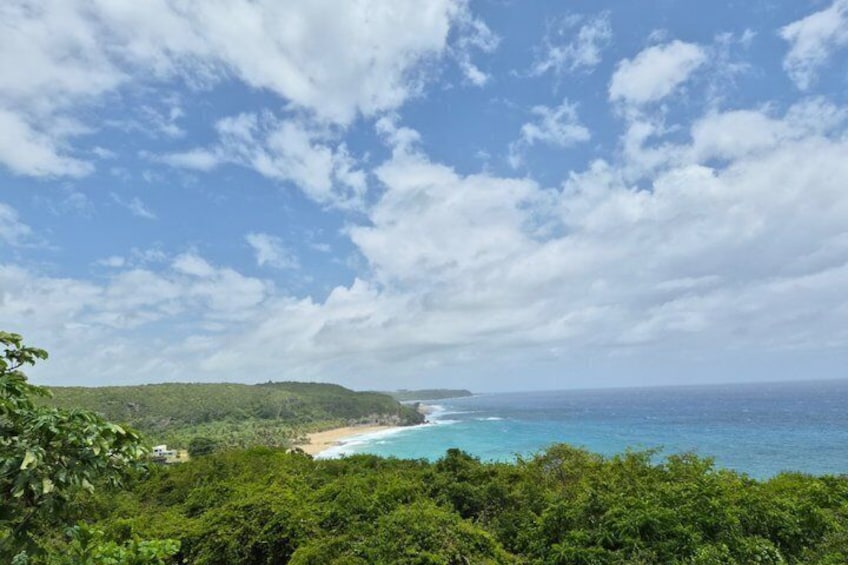 A coastal landscape with a beach, ocean, and forested hills under a partly cloudy sky. 1