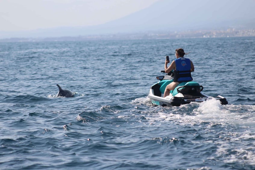 A person on a jet ski with a dolphin in the water. 5