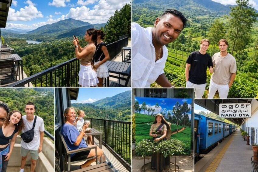 A scenic landscape with a train station, lush greenery, and a mountainous backdrop. 4