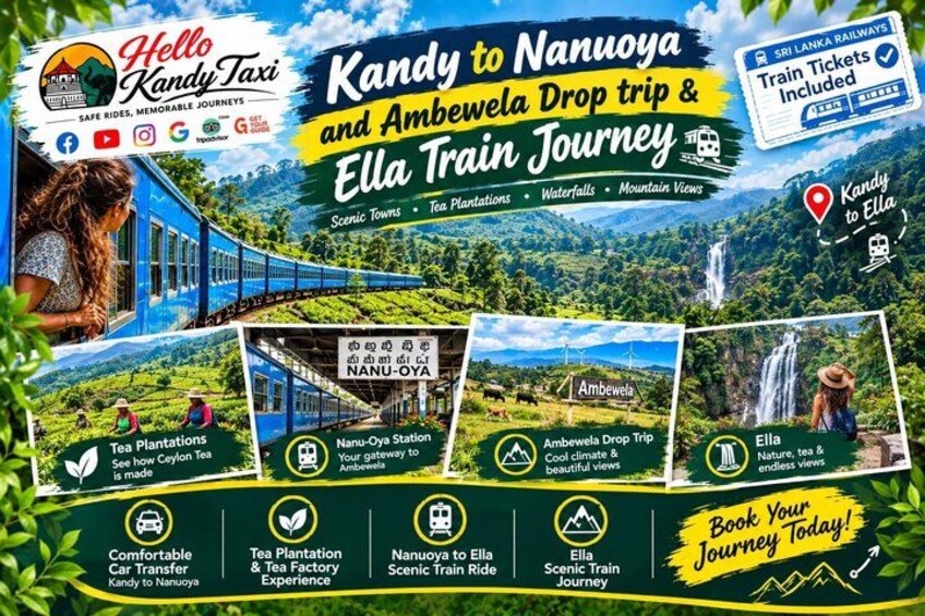 A travel itinerary for a journey from Kandy to Nanuoya and Ambewela, including train tickets and scenic views. 1