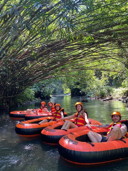 Personas hacen rafting en un río rodeado de un denso bosque de bambú. 1
