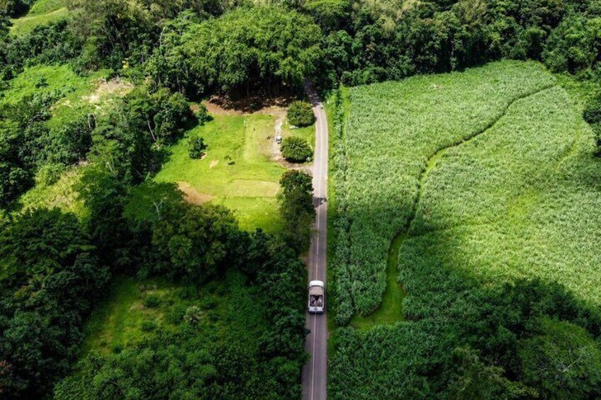 An aerial view of a road cutting through a lush green landscape with dense foliage on both sides. 4