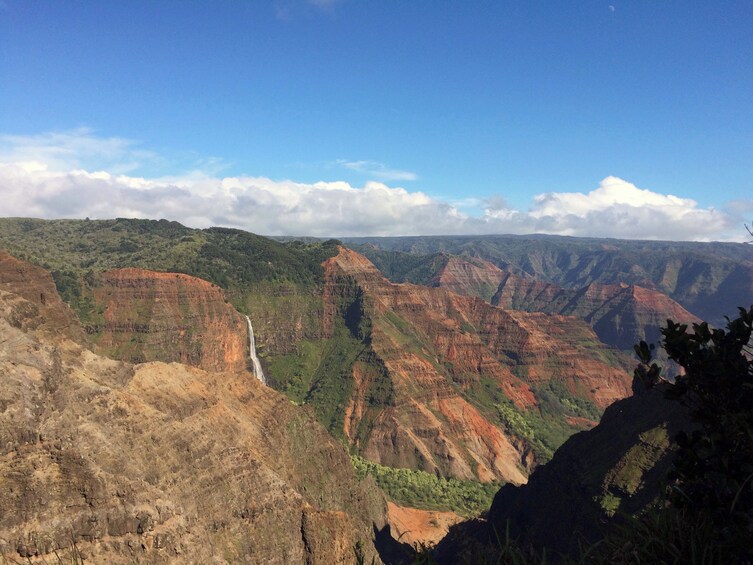 A canyon with a waterfall and lush greenery. 4