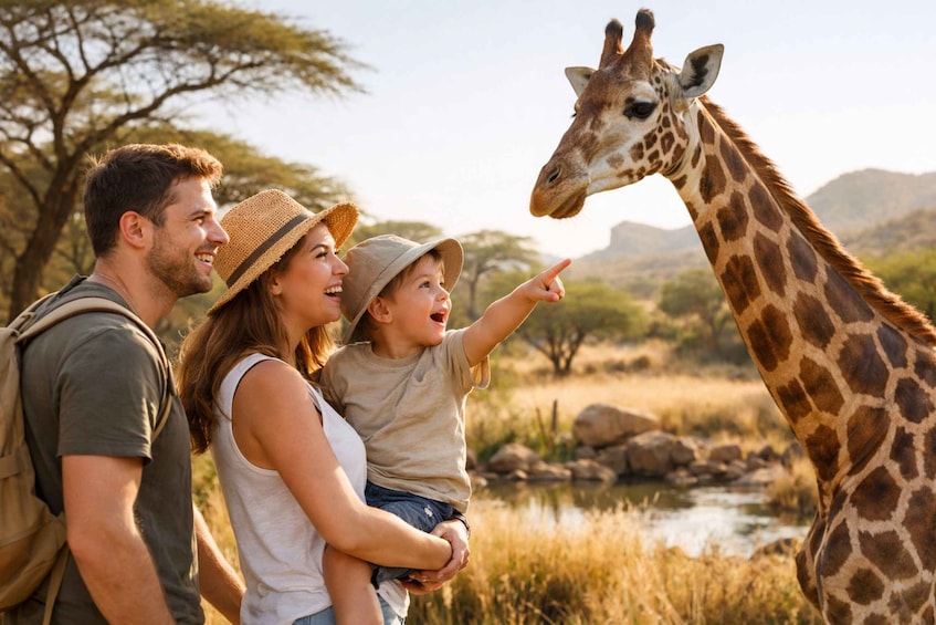 A family with a giraffe in a natural landscape with trees and a water body. 1