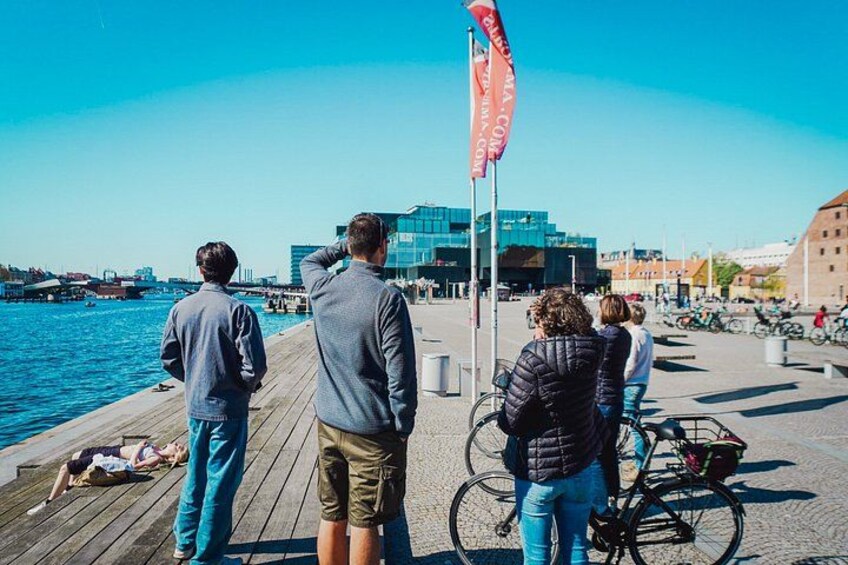 A wooden pier with people standing and a cyclist with a bike. 2