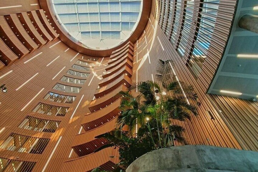 A modern interior with a curved wooden floor, glass ceiling, and palm trees. 2