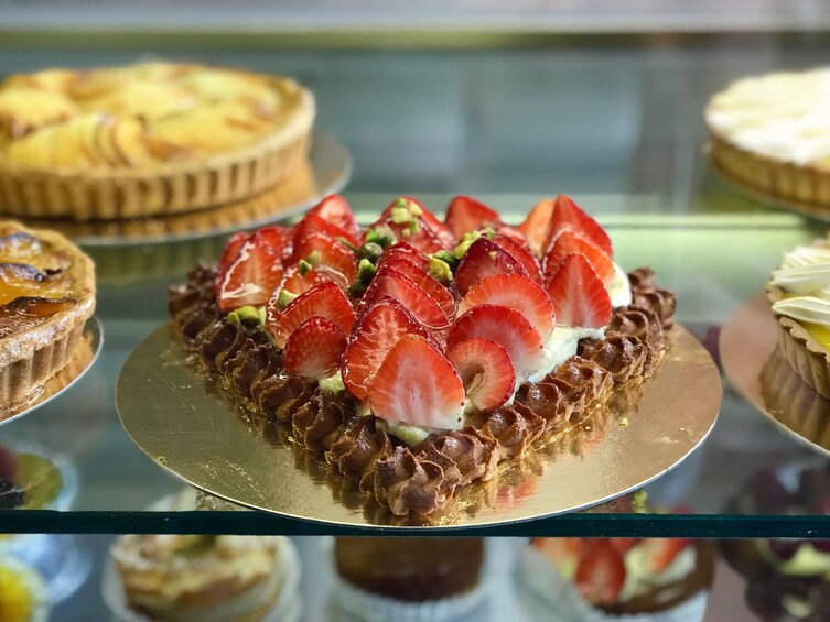 Desserts in a glass case