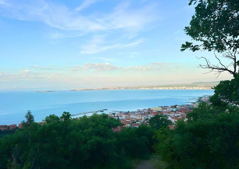A coastal town with buildings, a clear sky, and a view of the sea. 5