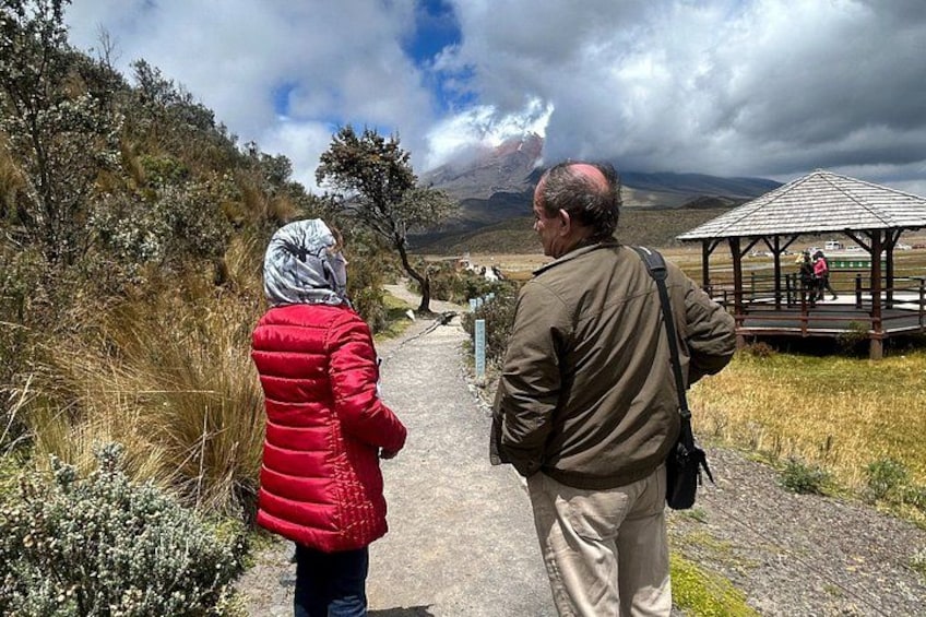 Two people walking on a path, a gazebo, and a mountainous landscape. 3