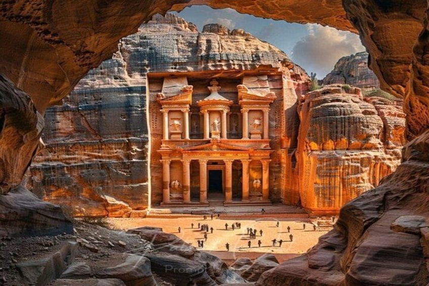 A historic building with columns and a central dome, set against a backdrop of rock formations. 1
