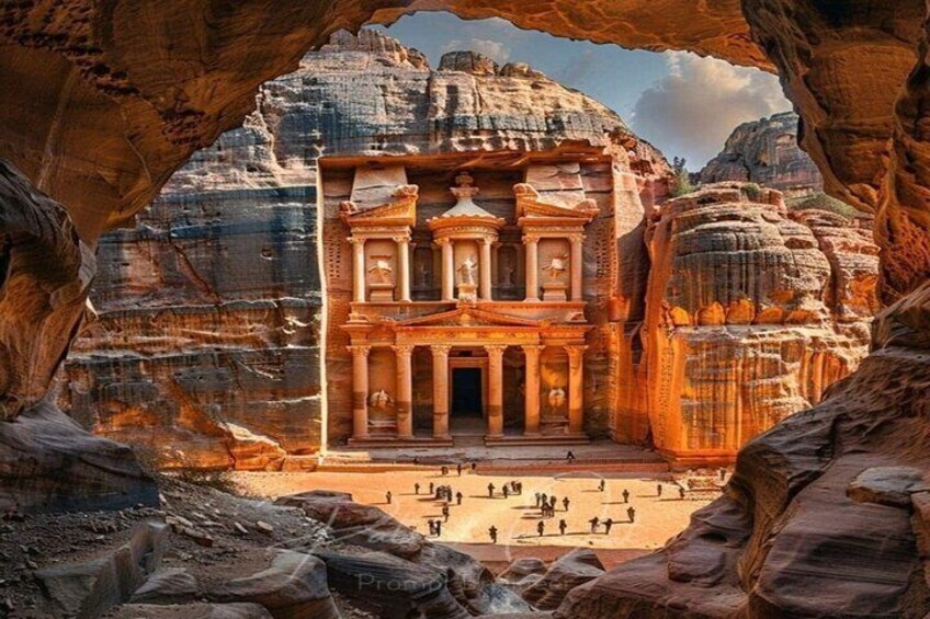 A rock-cut structure with columns and a central dome, surrounded by rugged rock formations. 1