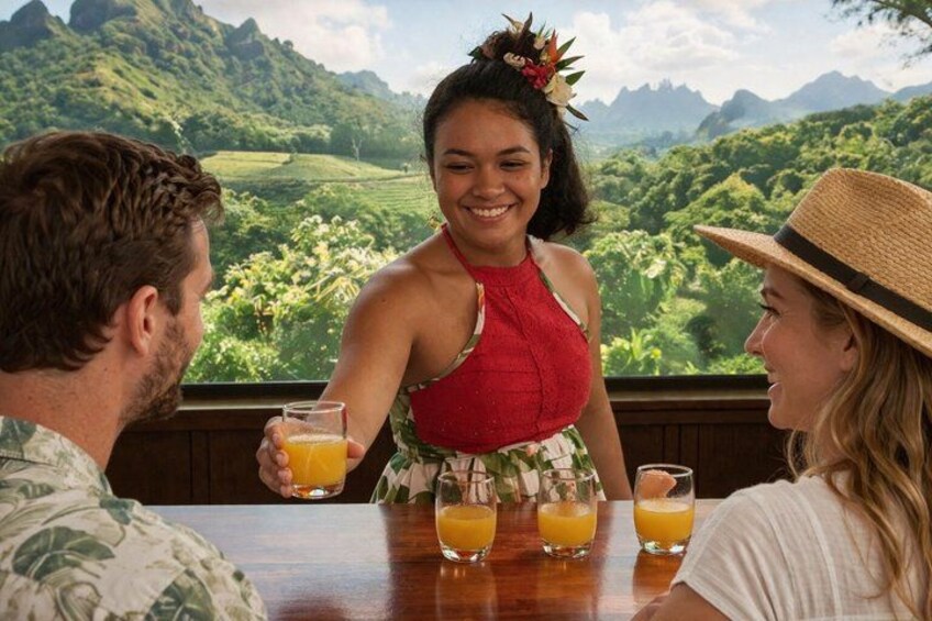 A person holding a glass of orange juice, with a scenic view of mountains and greenery in the background. 2