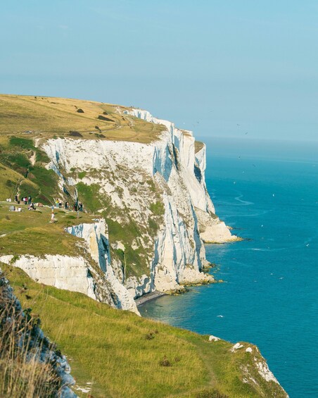 A coastal cliff with a clear view of the ocean and a path for visitors. 1